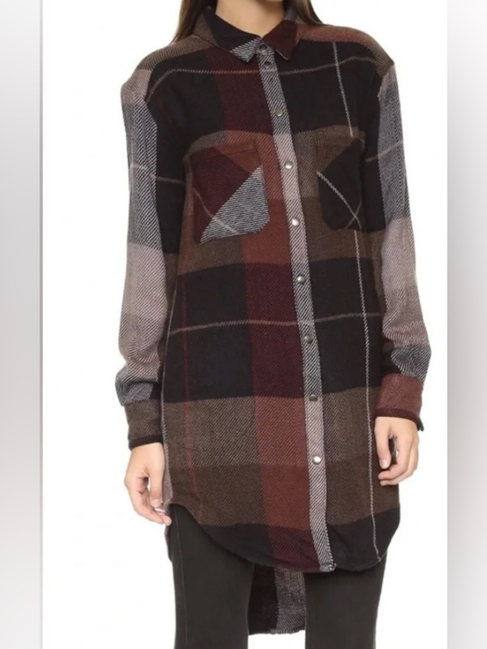 Free People Street Talk Plaid Flannel Shirt Dress Shacket Brown Burgundy Size M